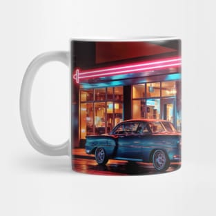 A City Diner Lit Up With Neon and Wet Streets - Landscape Mug